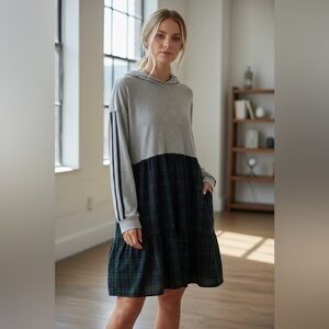 Plaid Tiered Hoodie Dress in Gray and Green